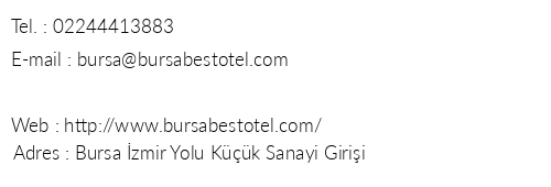 Best Hotel Bursa telefon numaralar, faks, e-mail, posta adresi ve iletiim bilgileri